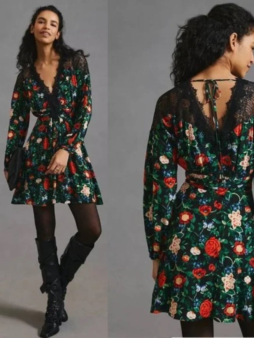 By Anthropologie Lacy V-Neck Mini Dress  Black Floral Size 14 NWT